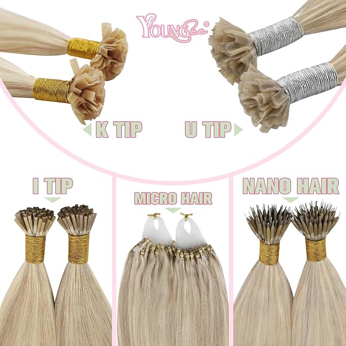 YoungSee Ktip Human Hair Extensions Ash Blonde 20 Inch K Tip Hair Extensions Real Human Hair Keratin Hair Extensions Human Hair Blonde Highlights Keratina Para Extensiones de Cabello 50g #18/613