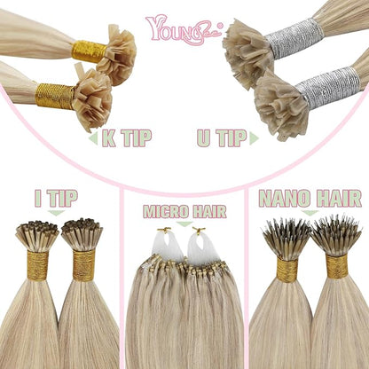 YoungSee Ktip Human Hair Extensions Ash Blonde 20 Inch K Tip Hair Extensions Real Human Hair Keratin Hair Extensions Human Hair Blonde Highlights Keratina Para Extensiones de Cabello 50g #18/613