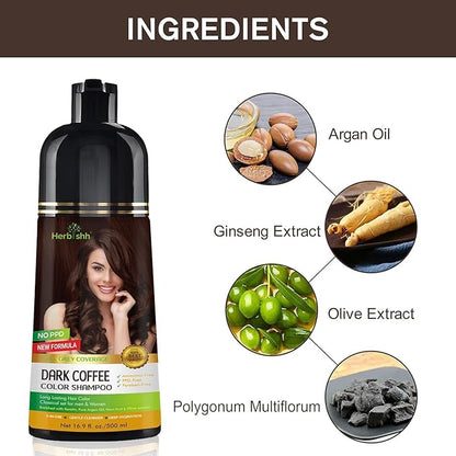 Herbishh Dark COffee 3 in 1 Hair Dye Shampoo (Pack of 2)16.9 FL Oz Each and Pro Keratin Argan Oil Hair Mask 5.07 Fl Oz Combo for Dry Damaged Hair 150 ML - Long Lasting Grey Hair Color for Men & Women