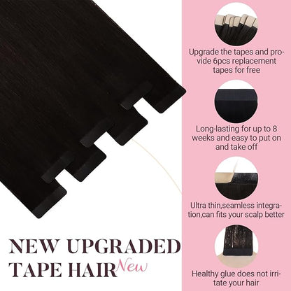MAXITA Tape in Hair Extensions Real Human Hair, Seamless Tape in Hair Extensions Human Hair Remy Natural Long Straight Hair Real Human Hair Extensions for Women, 50g Tea Black 14 Inch 20pcs
