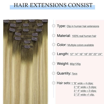 DOORES Clip in Human Hair Extensions, Light Ash Brown to Light Blonde Highlighted Golden Blonde 14 Inch100g 7pcs, Straight Real Hair Extensions Clip in Remy Natural Silky Weft