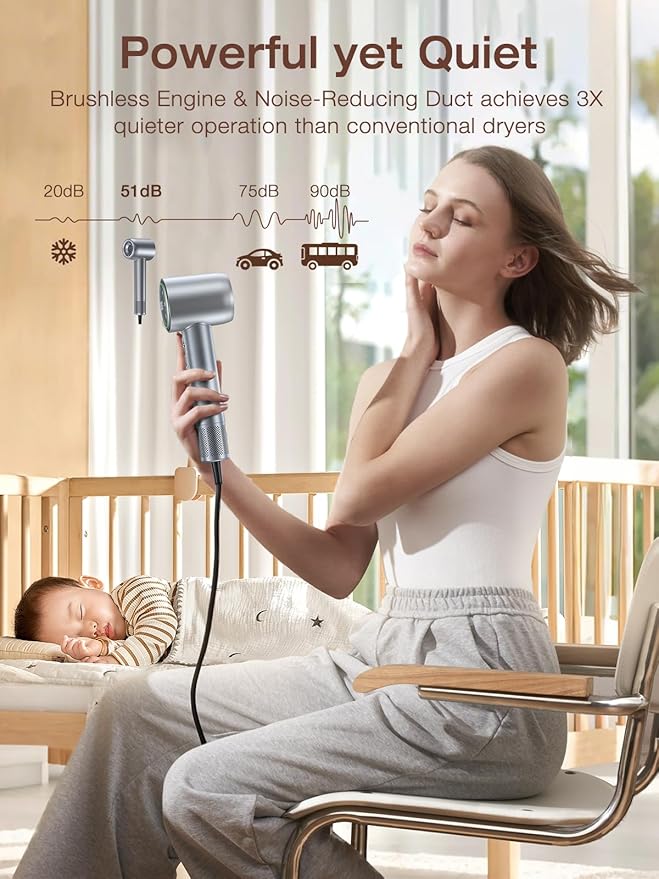Hair Dryer, 160000 RPM High-Speed Ionic Low Noise Blow Dryer with Brushless Motor for Fast Drying, Thermo-Control Quiet Hair-Dryer with Diffuser and Nozzle for Home Travel Salon