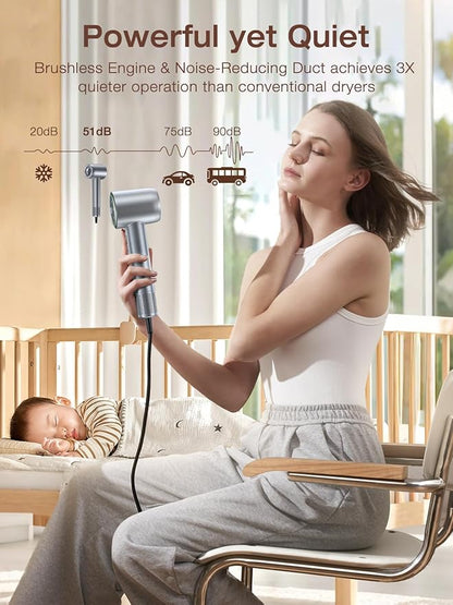 Hair Dryer, 160000 RPM High-Speed Ionic Low Noise Blow Dryer with Brushless Motor for Fast Drying, Thermo-Control Quiet Hair-Dryer with Diffuser and Nozzle for Home Travel Salon