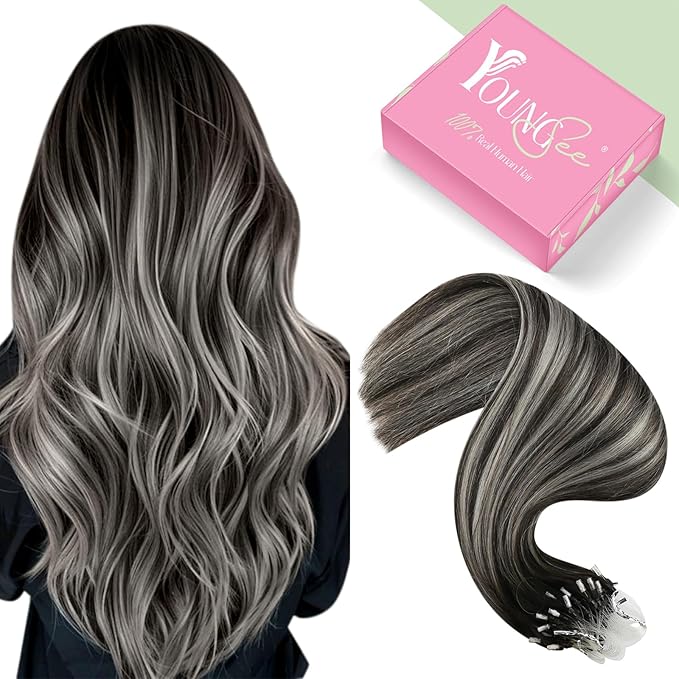 YoungSee Micro Link Hair Extensions Human Hair Ombre Bead Hair Extensions Real Human Hair Ombre Black to Silver Micro Human Hair Extension Soft 18In 50g 50s
