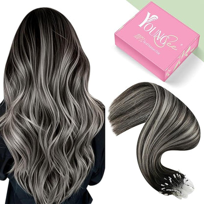 YoungSee Micro Link Hair Extensions Human Hair Ombre Bead Hair Extensions Real Human Hair Ombre Black to Silver Micro Human Hair Extension Soft 18In 50g 50s