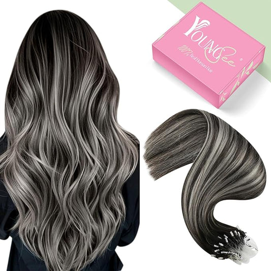 YoungSee Micro Link Hair Extensions Human Hair Ombre Bead Hair Extensions Real Human Hair Ombre Black to Silver Micro Human Hair Extension Soft 18In 50g 50s