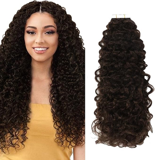 Anrosa Jerry Curly Hair Extensions Real Human Hair Tape in Darkest Brown Seamless Skin Weft Kinky Curly Hair Extensions Human Hair 20 inch Full Head Tape in Extensions for Black Women 50g 20pcs