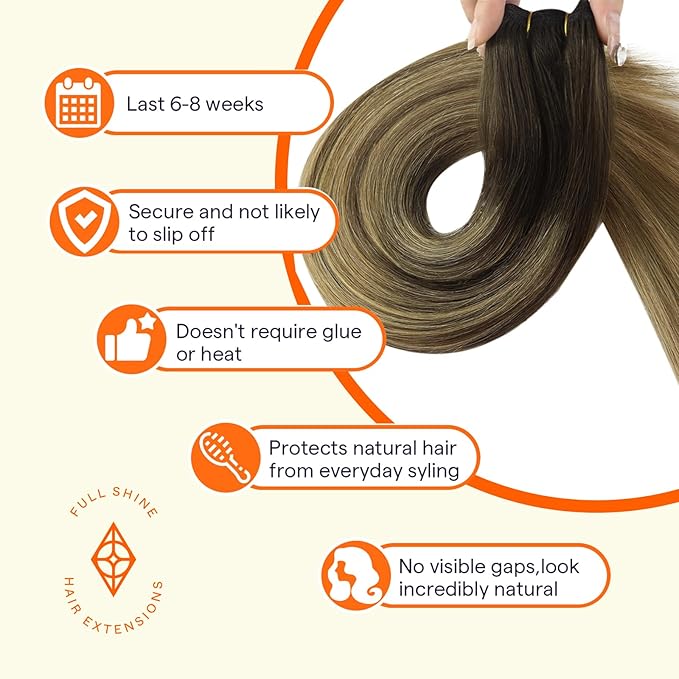Full Shine Weft Hair Extensions Human Hair Sew In Hair Extensions Remy Hair Color Dark Brown To Ash Brown Mix Blonde Hair Bundles Straight Hair 18 Inch 105G