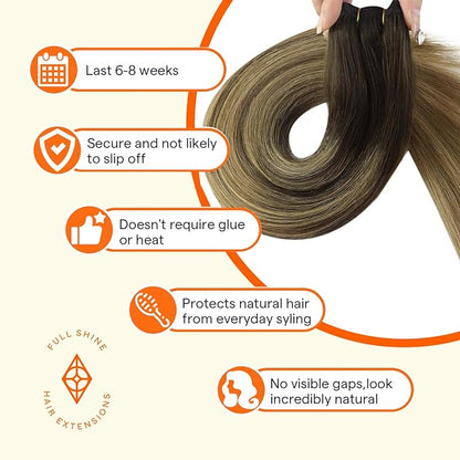 Full Shine Weft Hair Extensions Human Hair Ombre Hair Extensions Sew In Color Dark Brown To Ash Brown Mix Blonde Human Hair Bundles Invisible Sew In Extensions For Women 16 Inch 105G
