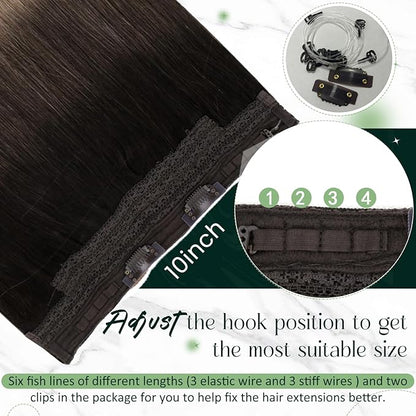 RUNATURE Invisible Wire Hair Extensions Real Human Hair, 20 Inch 100g Transparent Fish Line Human Hair Extensions Brown Ombre Natural Hair, #2/6/18 Dark Brown to Chestnut Brown and Ash Brown