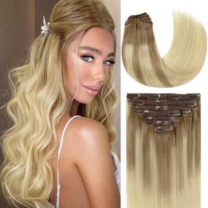 Lacer Balayage Clip in Hair Extensions B#8/60 Light Brown Fading to Platinum Blonde Color Remy Human Hair Extensions Clip in Real Natural Hair Extensions Straight Thick 140g 22 Inch