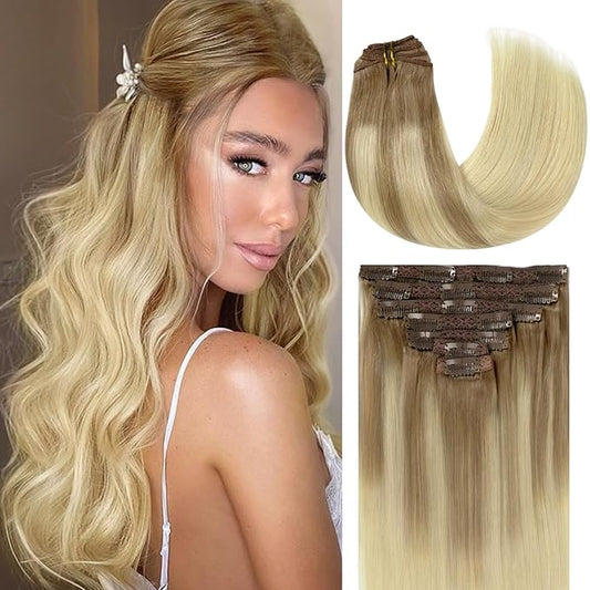 Lacer Balayage Clip in Hair Extensions B#8/60 Light Brown Fading to Platinum Blonde Color Remy Human Hair Extensions Clip in Real Natural Hair Extensions Straight Thick 140g 22 Inch