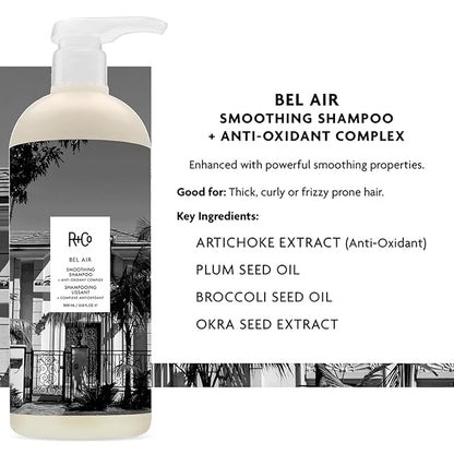 R+Co Bel Air Smoothing Shampoo and Conditioner Set 1L - Smoothing Shampoo + Conditioner Anti-Oxidant Complex | Vegan + Cruelty-Free | R+Co Bonus Deluxe Sample (.5 Oz)