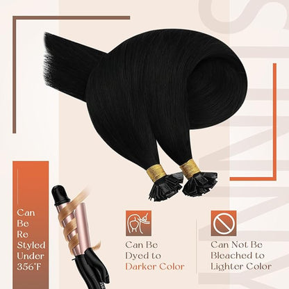 Sunny Hair Flat Tip Hair Extensions Real Human Hair 20 inch Jet Black Keratin Tips Hair Extensions Ktip Remy Human Hair Thick End 50g