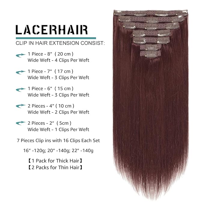 Lacer Hair Clip in Hair Extensions Human Hair 18 Inch 7Pcs Invisible Double Sided Real Weft 100% Remy Human Hair No Tangle No Shedding #99J Deep Burgundy Color 120G