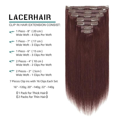 Lacer Hair Clip in Hair Extensions Human Hair 18 Inch 7Pcs Invisible Double Sided Real Weft 100% Remy Human Hair No Tangle No Shedding #99J Deep Burgundy Color 120G
