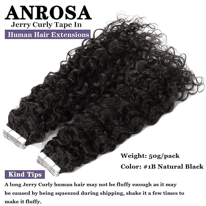 Anrosa 20inch Kinky Curly Tape on Hair Extensions with Invisible Tape Jerry Curly Tape in Hair Extensions Human Hair Seamless Natural Black #1B Thick End 50Gram 20pcs