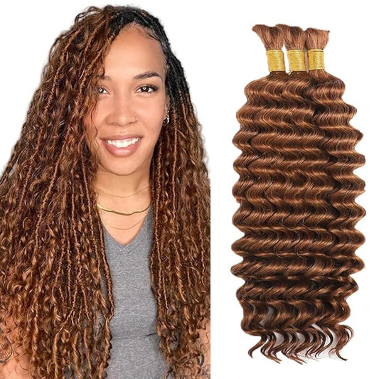 #30 Brown Human Braiding Hair Deep Wave Bulk 20 20 20 Inch Human Hair Weave 3 Bundle Unprocessed Brazilian Virgin Hair Light Brown Deep Curly Braiding Hair Extensions 50 Grams/Bundle