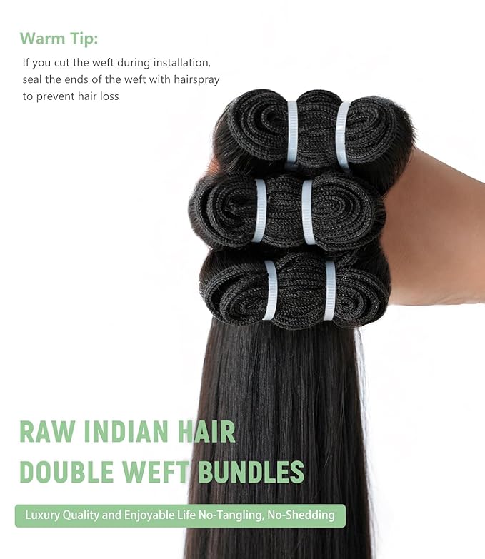 mlip Raw Bundles Human Hair Straight, No Tangle Shedding, Keep Texture Silky Soft After Multiple Washes, 15A Raw Indian Hair Bundles 22 24 26 Inches, Triple Lifespan 3X