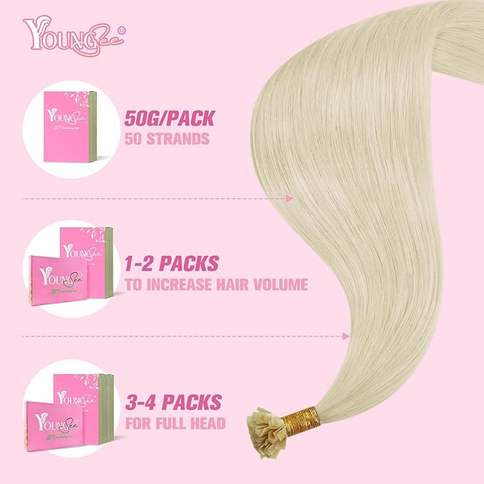 YoungSee Ktips Hair Extensions Human Hair Blonde K Tip Extensions Real Human Hair Platinum Blonde Ktip Human Hair Extensions for Women 18Inch U Tip Extensions Human Hair 50G 50S