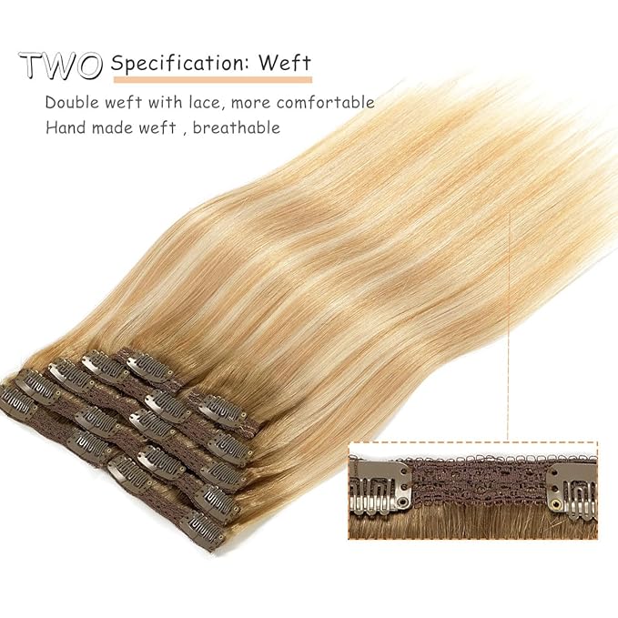 Caliee 20 Inch Clip in Hair Extenisons Human Hair Double Weft Invisible Balayage Hair Extensions Human Hair Light Golden Brown and Platinum with Ash Brown Roots Silky Straight Full Head 140 G