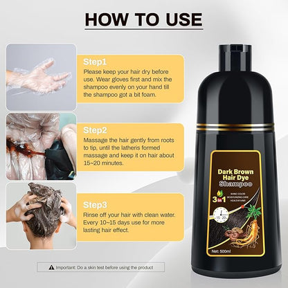Dark Brown Natural Hair Dye Shampoo 3 in 1, 16.9 Fl Oz/500 ML, Semi-Permanent Gray Hair Coverage, Unisex, Natural Ingredients,