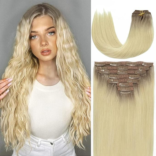 Caliee 14Inch Human Hair Extensions Clip In R20/60A Ombre Sunkissed Blonde Roots to Platinum Blonde Clip in Hair Extensions Remy Hair Full Head Silky Straight Natural Hair Extensions 120G 7PCS