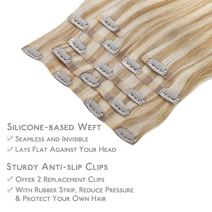 WENNALIFE Seamless Clip In Hair Extensions, 22 Inch 150g 7pcs Dirty Blonde Highlighted Bleach Blonde Hair Extensions Clip in Human Hair Invisible PU Skin Weft Natural Remy Human Hair Extensions