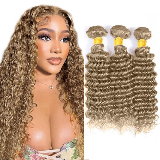 #22 Ash Blonde Bundles Human Hair Deep Wave Bundles 28 30 32 Inch Human Hair Weave 3 Bundle Unprocessed Brazilian Virgin Hair Blonde Deep Wave Human Hair Extensions 50 Grams/Bundle
