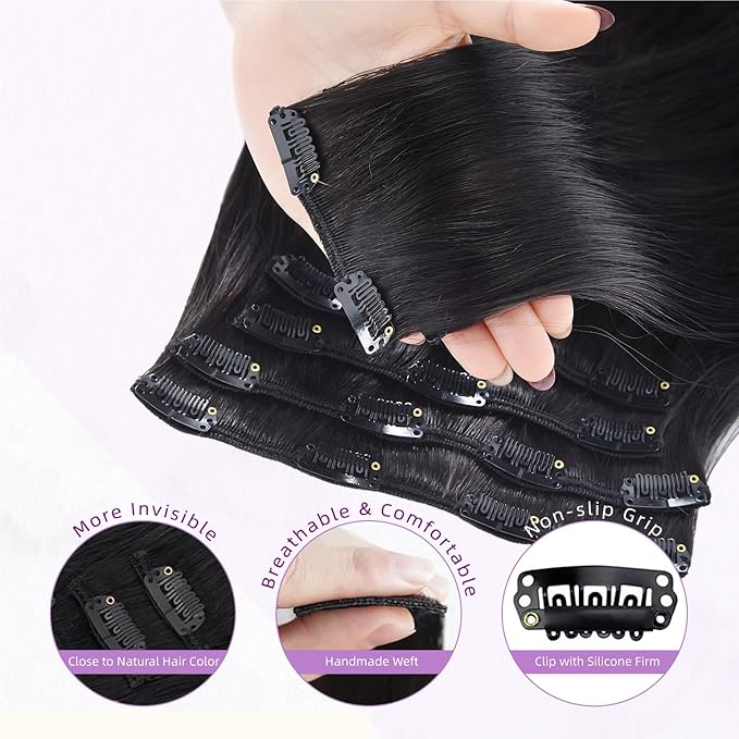 Clip in Hair Extensions Real Human Hair,100% Seamless Remy Human Hair Straight,Clip Extensions for Women, 8pcs Per Set with Double Weft,1B Natural Black,24inch 120g/4.2oz