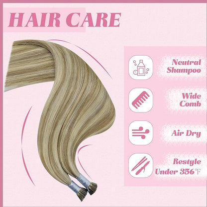 YoungSee I Tip Hair Extensions Human Hair Brown I Tips Hair Extensions Real Human Hair Light Brown with Blonde Highlight Tip Hair Extensions Real Human Hair Short Hair Extensions 14 Inch 80s 50g