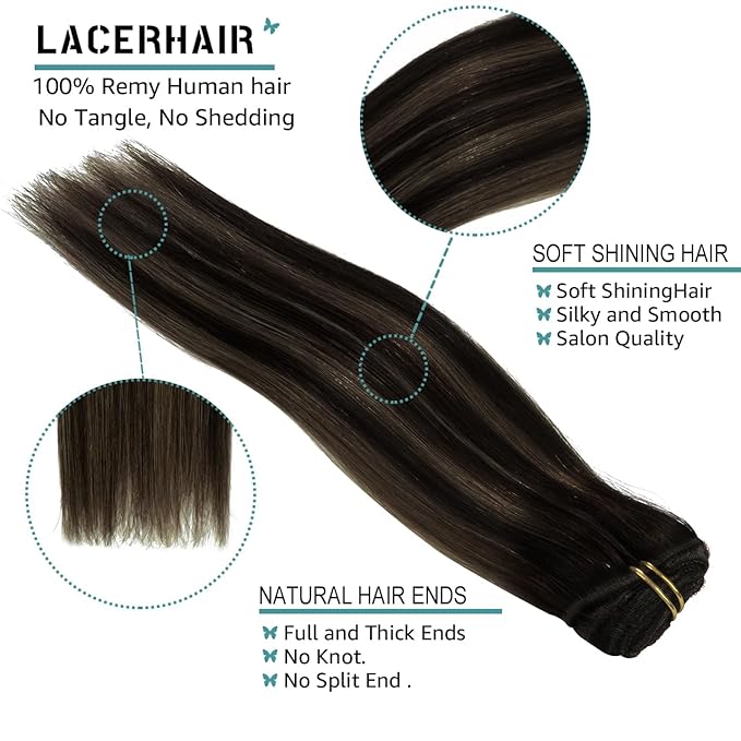 Lacer Clip in Hair Extensions Real Human Hair Balayage Natural Black to Medium Brown Highlight Remy Human Hair Extensions Clip ins for Women 14 Inch 120g 7Pcs Natural Human Hair