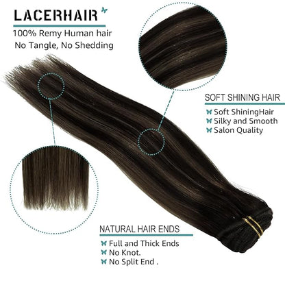 Lacer Clip in Hair Extensions Real Human Hair Balayage Natural Black to Medium Brown Highlight Remy Human Hair Extensions Clip ins for Women 14 Inch 120g 7Pcs Natural Human Hair