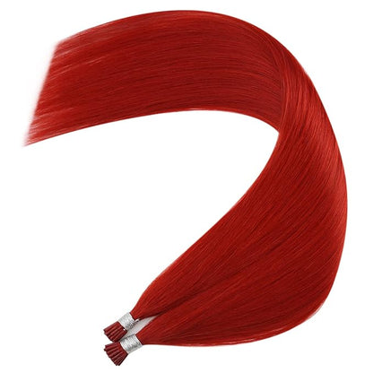 YoungSee Red I Tip Hair Extensions 25g Red I Tips Hair Extensions Real Human Hair Colored Keratin Tip Extensions 18In 30s Color Hair Extension for Women Girls Cosplay Invisible Extensions Human Hair