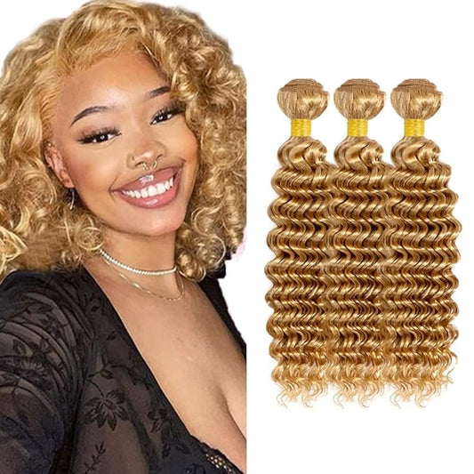 #27 Blonde Bundles Human Hair Water Wave Bundles 20 22 24 Inch Unprocessed Brazilian Virgin Hair Weave 3 Bundles 50 Grams Per Bundle Honey Blonde Human Hair Extensions