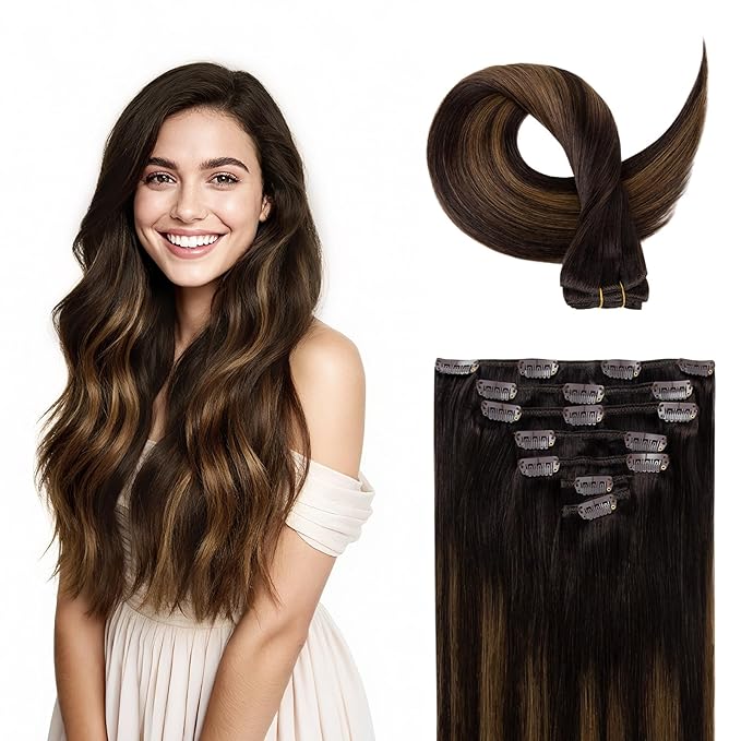 Clip in Hair Extensions Real Human Hair, Silky Remy Hair Extensions Clip Ins, Salon Quality Straight Human Hair for Women, Dark Brown to Chestnut Brown #2TP6/2 16Inch 120G 7PCS
