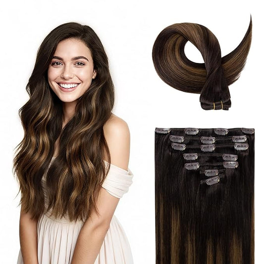 Clip in Hair Extensions Real Human Hair, Silky Remy Hair Extensions Clip Ins, Salon Quality Straight Human Hair for Women, Dark Brown to Chestnut Brown #2TP6/2 16Inch 120G 7PCS