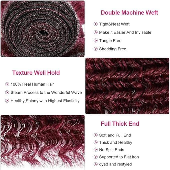 99j Human Hair Burgundy Deep Wave Bundles Wine Red Human Hair Deep Wave Bundles Brazilian Wet and Wavy Soft Silky for Black Woman 12 14 16 Inch