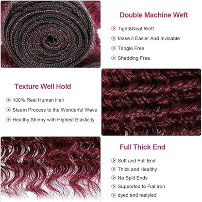 99j Human Hair Burgundy Deep Wave Bundles Red Deep Wave Bundles Brazilian Human Hair Extensions Weave Wet and Wavy Soft Silky for Black Woman 26 28 30 Inch