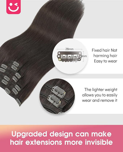 Youngsmile Human Hair Clip in Extensions, 14 Inch 7pcs 120g Clip in Hair Extensions Human Hair, Color #2 Darkest Brown,Double Drawn,Soft Silk Hair Extensions (CLIP#2-14Inch)