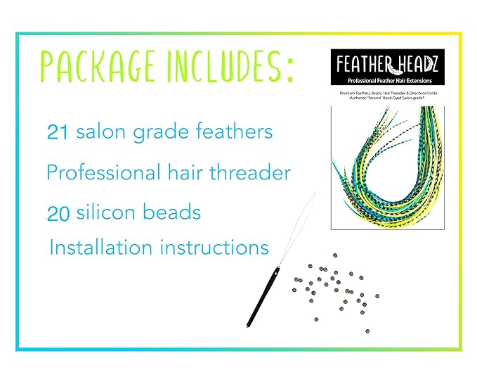 21 Neon Green & Turquoise Color Hair Extensions – 9”–14” Long – DIY Rooster Kit with 20 Micro-Link Beads – 100% Real Feathers – Eye-Catching Boho Style
