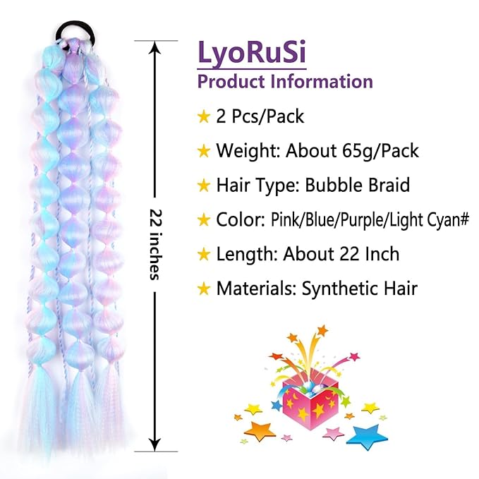 2 Pcs 22 Inch Lightweight Bubble Ponytail Extensions, Fiber Mix Four Silky Colorful Braids with Hair Tie, Crazy Hair Day, Festival Rave Accessories for Girls (Pink/Blue/Purple/Light Cyan#)