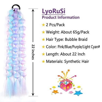 2 Pcs 22 Inch Lightweight Bubble Ponytail Extensions, Fiber Mix Four Silky Colorful Braids with Hair Tie, Crazy Hair Day, Festival Rave Accessories for Girls (Pink/Blue/Purple/Light Cyan#)