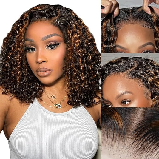 Glueless Wigs Human Hair Pre Plucked Pre Cut 1b/30 Lace Front Wigs Human Hair Wear And Go Ombre Curly Bob Wig 7x5 Lace Closure Wig Pre Everything Highlight Deep Wave Wig Human Hair 180% Density 14inch