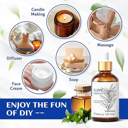 HIQILI 1 Fl Oz Clove Oil for Teeth and Gums, Oral Care, DIY Clean Spray, Aromatherapy, 100% Pure Natural Premium - 30ml