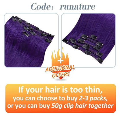 RUNATURE Purple Clip in Hair Extensions Human Hair 18 Inch 70g Full Head Colored Purple Hair Extensions Clip Ins for Women Real Remy Hair Double Weft Fashion Color