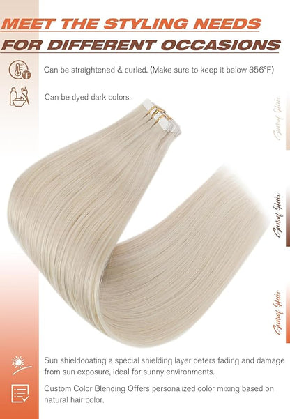 Sunny Hair Tape in Hair Extensions Real Human Hair Invisible Remy Hair Extensions Tape ins for Women White Platinum Blonde 26 inch 20Pcs 50G