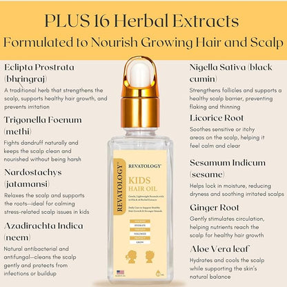 REVATOLOGY Kids & Baby Hair Growth Oil (Made in USA) Extra Strength pre-rinse Pediatric Formula with 26 Cold-Pressed Botanicals & Extracts | Cruelty & Chemical Free