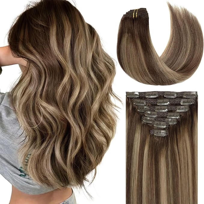 Lacer Clip in Hair Extensions Real Human Hair Highlignt Warm Brown to Dark Caramel Blonde Remy Human Hair Extensions Clip ins for Women 14 Inch 120g 7Pcs Natural Human Hair