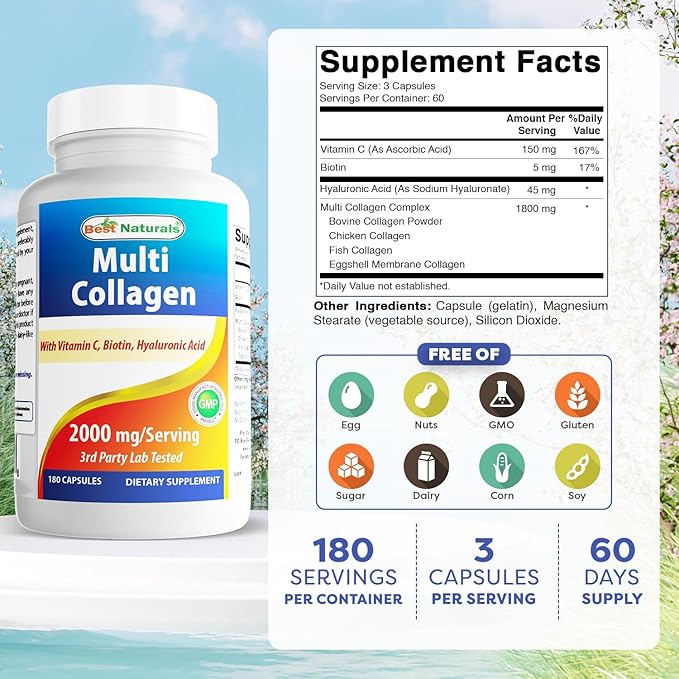 Best Naturals Multi Collagen Pills 2000mg for Women & Men - Hydrolyzed Collagen Peptides Capsules for Hair Skin and Nails with Types I II III V X, Biotin, Hyaluronic Acid & Vitamin C
